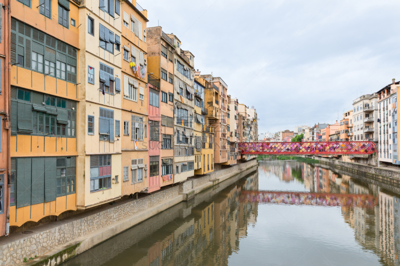 色彩鲜艳,房屋,西班牙,看风景,赫罗纳,Onyar River,赫罗纳省,正面视角,反射,涉水