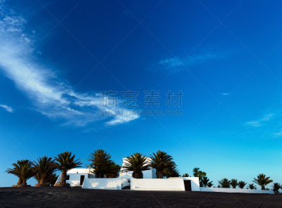 特拉华,兰萨罗特岛,canary island date palm,海枣树,宁静,水平画幅,无人,蓝色,小礼拜堂,建筑外部