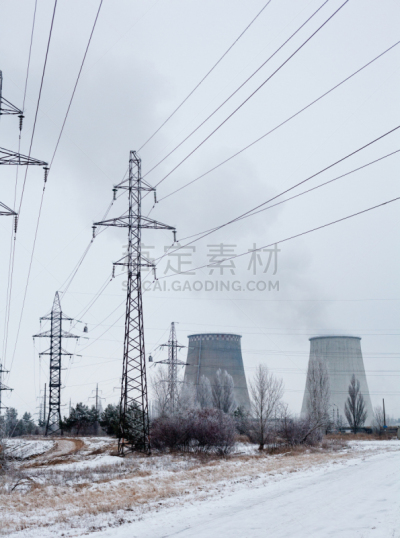 冬天,乌克兰,热电厂,电缆,垂直画幅,能源,雪,无人,环境损害,工厂