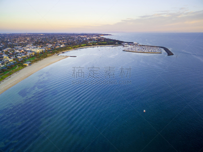 航拍视角,海岸线,墨尔本,自然美,桑德林汉姆,防波堤,游艇码头,郊区,日落