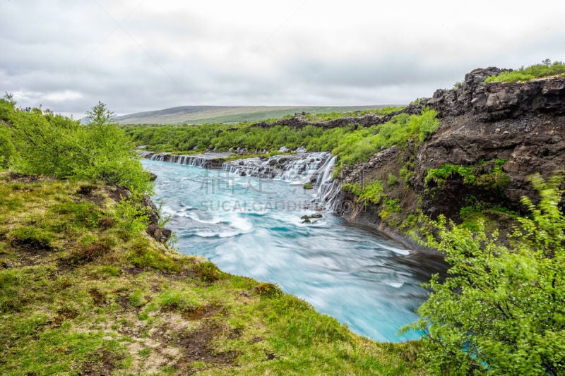 hraunfossar,瀑布,平滑的,长时间曝光,风景,多色的,水,地形,蓝色,冰岛国