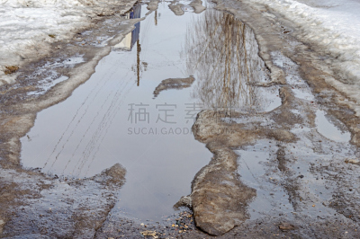 水坑,在活动中,泉,巨大的,水,水平画幅,雪,路,泥土,户外