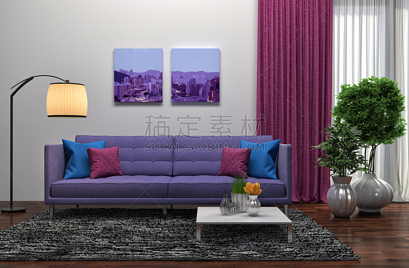沙发,室内,紫色,三维图形,绘画插图,住宅房间,水平画幅,无人,装饰物,家具