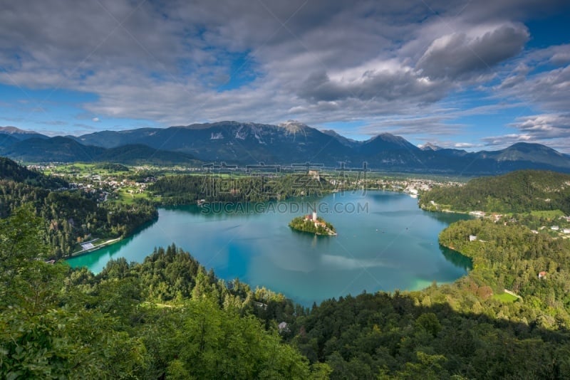 布雷德湖,夏天,水,天空,水平画幅,julian alps,无人,户外,湖