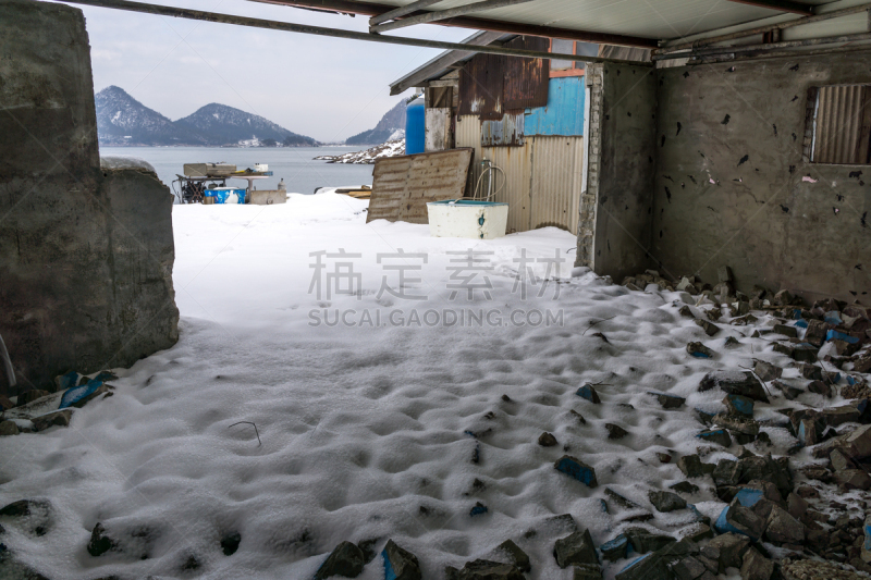 被抛弃的,房屋,岛,群山市,全罗北道,深雪,水平画幅,雪,无人,户外