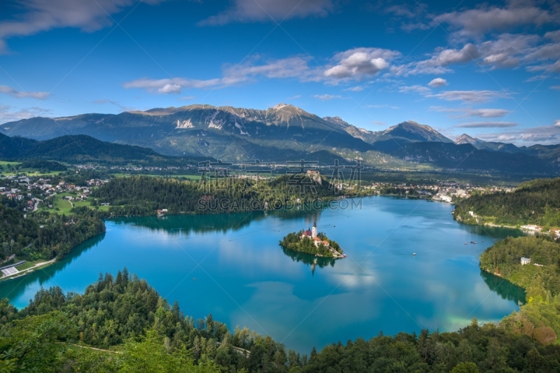 布雷德湖,夏天,水,天空,水平画幅,julian alps,无人,户外,湖