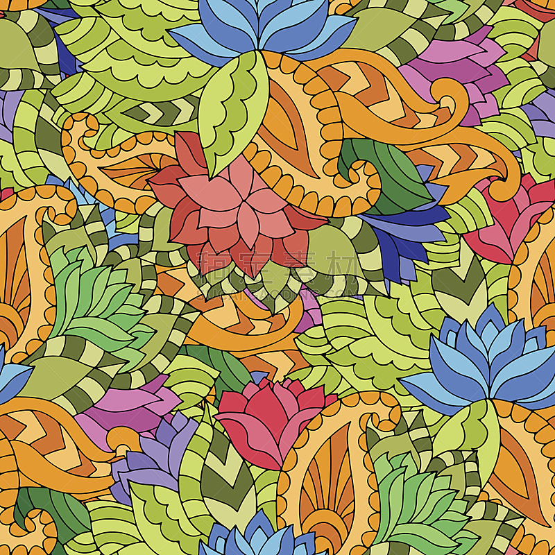 吉普赛人,荷花,四方连续纹样,叶子,多色的,高雅,螺旋花纹呢,蜡染风格,纺织品,睡莲