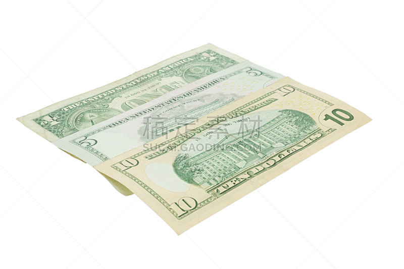 美国十美元钞票,美国一美元钞票,水平画幅,无人,金融,白色背景,金融和经济,背景分离,商业金融和工业,商务