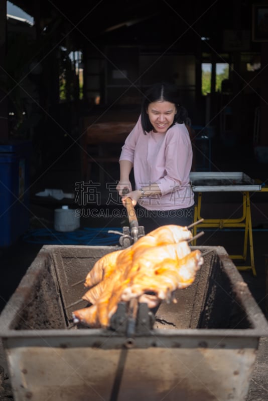 餐馆,街头食品,烤乳猪,格子烤肉,传统,边框,烤的,食品,泰国,烤肉架