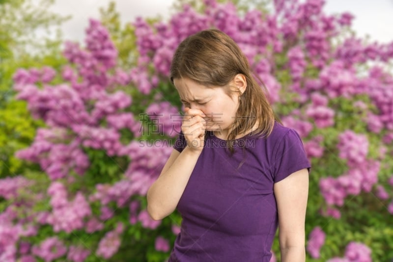 花朵,青年女人,概念,枯草热,背景聚焦,窦炎,西洋蓍草,春季系列,打喷嚏,树