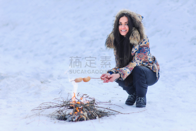 冬天,香肠,烤肉架,户外,煤,女人,热,格子烤肉,新的,雪