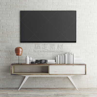 砖墙,三维图形,轻蔑的,绘画插图,正下方视角,电视机,白色,高清晰度电视,显示器,墙
