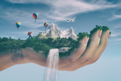 想法,山,图像,地形,未来,超现实主义的,旅行者,草,安全,棕榈树