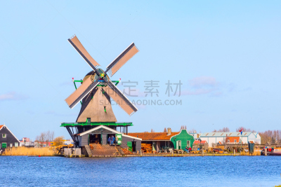 传统,荷兰,风车,乡村,赞斯堡,荷兰北部,水,风,水平画幅,运河