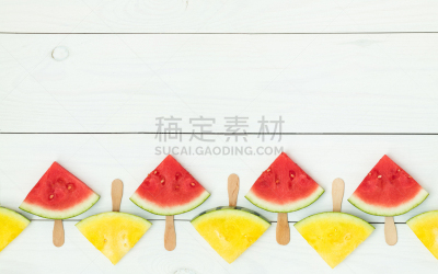 红色,黄色,切片食物,西瓜,棍,水平画幅,高视角,生食,夏天,甜点心
