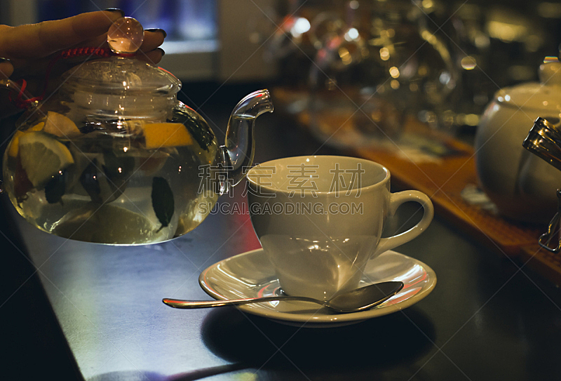 杯,咖啡馆,吧台,花茶,褐色,芳香的,水平画幅,无人,曙暮光,商店