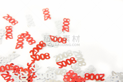 银色,红色,新年前夕,圣伯纳犬,2008,水平画幅,白色背景,背景分离,特写,五彩纸屑
