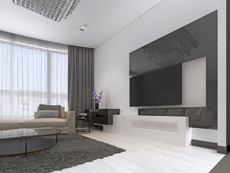 沙发,现代,起居室,角度,巨大的,室内设计师,高雅,电视机,金属,空的