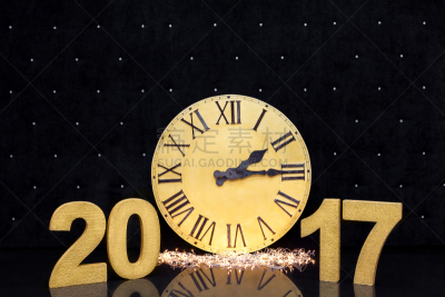 黄金,表,2017年,新年前夕,黑色背景,贺卡,留白,夜晚,钟