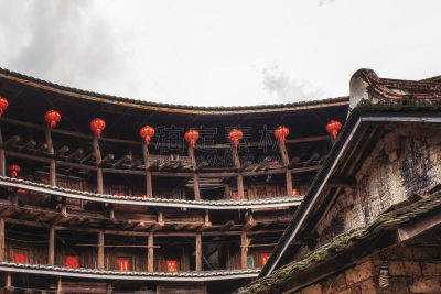 房屋,客家族,传统,圆形,灯笼,水平画幅,建筑,木制,乡村,阳台