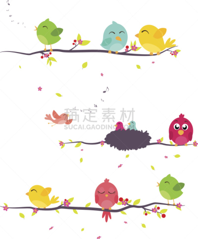 鸟类,枝,多色的,可爱的,苹果花,人老心不老,绘画插图,夏天,计算机制图,计算机图形学