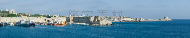 海港,全景,罗德岛,水,水平画幅,墙,无人,蓝色,欧洲,古老的