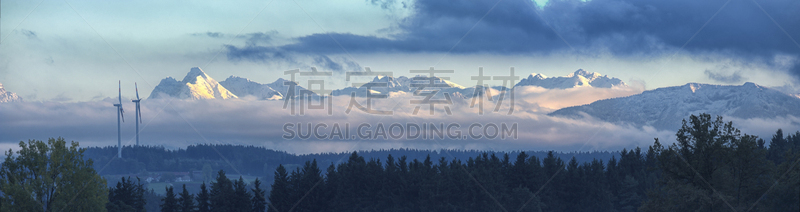 全景,巴伐利亚阿尔卑斯山区,天空,暴风雨,水平画幅,透过窗户往外看,风力,能源,雪,无人
