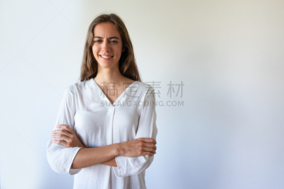 学生,双臂交叉,女孩,白衬衫,商务,经理,肖像,从容态度