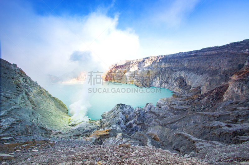 爪哇,火山口,印度尼西亚,地形,东,硫磺,水平画幅,蓝色,户外,火山