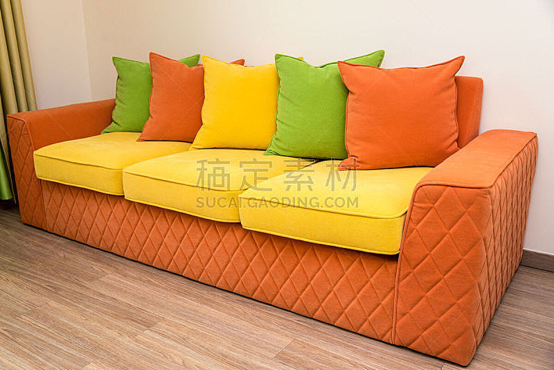 沙发,黄色,枕头,绿色,多色的,橙色,纺织品,华贵,舒服,现代