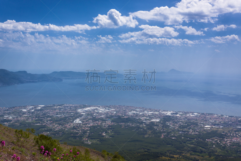 索伦托,维苏威火山,卡普里,风景,红缬草,那不勒斯海湾,纳布勒斯,天空,水平画幅,无人