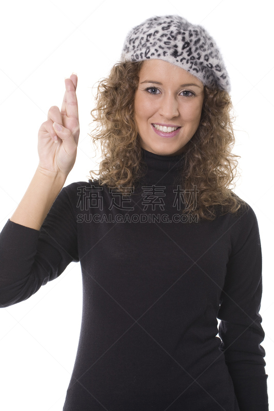 女人,盘着手指,垂直画幅,小的,可爱的,快乐,符号,人,横越,做手势