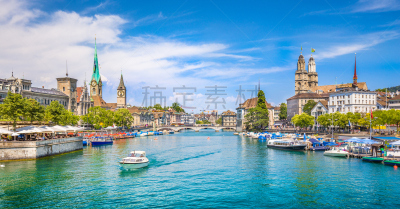 ZÃ¼rich city center with river Limmat in summer, Switzerland