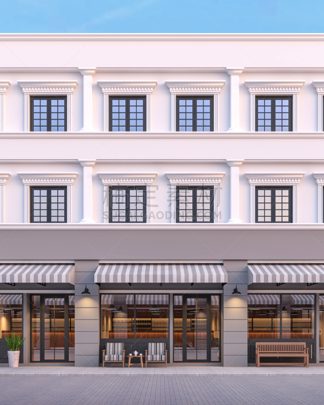 正面视角,三维图形,古典风格,办公大楼,垂直画幅,商店,都市风景,现代,白色,联排别墅