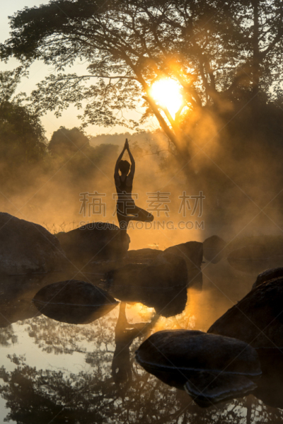 早晨,女人,瑜伽,自然美,温泉,公园,垂直画幅,水,美,禅宗