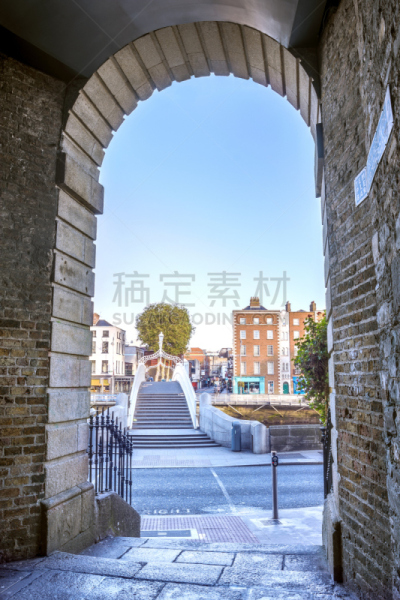 半分桥,利菲河,爱尔兰都柏林,空中走廊,垂直画幅,天空,鸟类,古老的,行人,户外