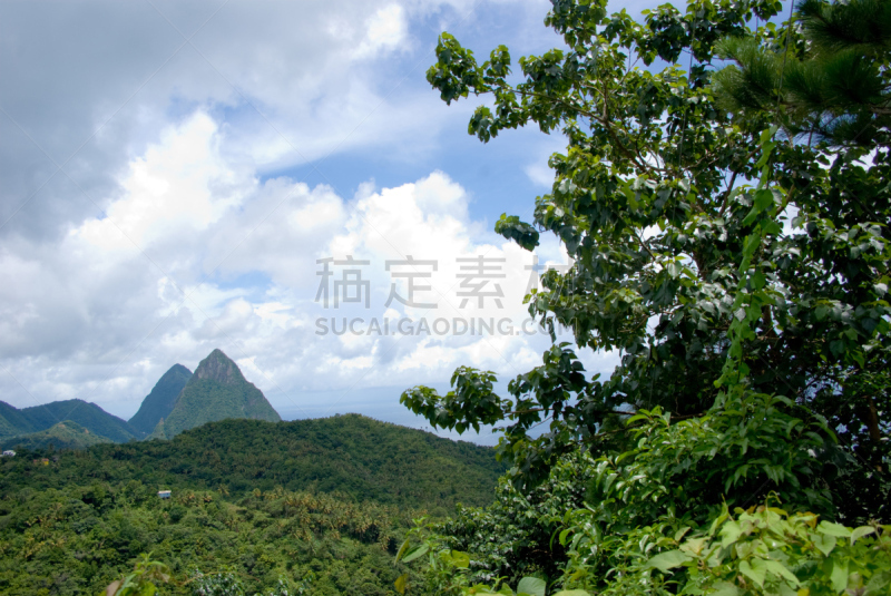 圣卢西亚,风景,尖峰,山脉,苏弗里埃尔湾,苏弗里埃尔,火山学,留白,植物属性,水平画幅