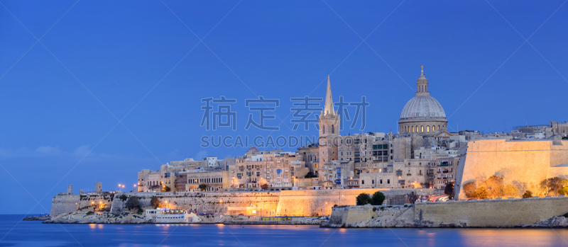 马耳他,瓦莱塔,城市天际线,室内过夜,水平画幅,夜晚,无人,海港,古老的