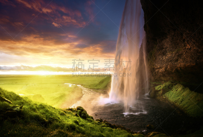 冰岛国,seljalandsfoss waterfall,水,天空,美,水平画幅,云,瀑布,夏天,户外