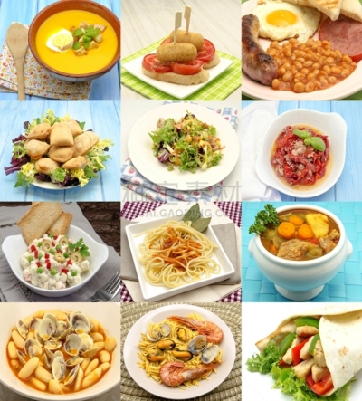 抽象拼贴画,餐具,垂直画幅,胡萝卜,蛋糕,海产,饮料,甜点心,肉,面包