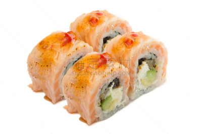 寿司,白色背景,分离着色,三文鱼,小圆面包,inside out寿司卷,鱼子酱寿司,淡水鳗鱼,水平画幅,无人