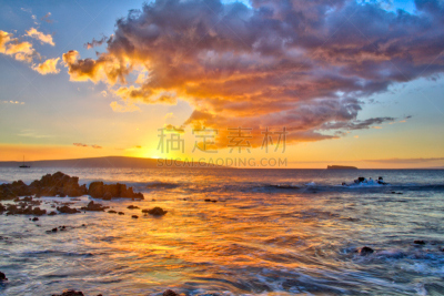 玛凯那海滩,玛琪娜州立公园,毛伊岛,夏威夷,太平洋岛屿,热带气候,云,黄昏,高动态范围成像,日落