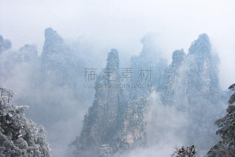 雪,冬天,雾,石英岩,张家界,湖南省,沟壑,水平画幅,山,无人