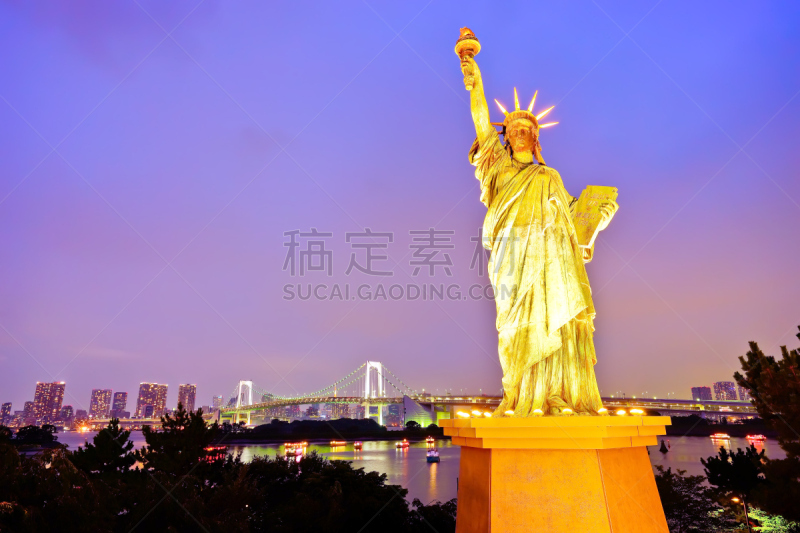 东京,自由女神像,彩虹桥,自由女神复制像,statue of liberty replic,东京彩虹桥,台场,吊桥,水,水平画幅