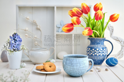 郁金香,白色,饼干,红色,春天,咖啡,桌子,复活节,水平画幅,无人