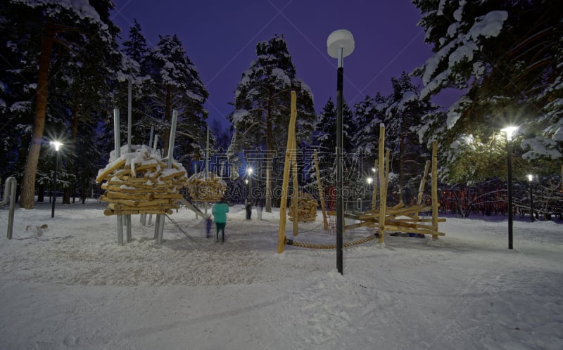 游乐场,莫斯科州,派克大街,寒冷,照明设备,黄昏,霜,雪,公园,行人