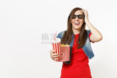 女人,可乐,手,参观者,苏打,电影,白色背景,拿着,爆米花,笑