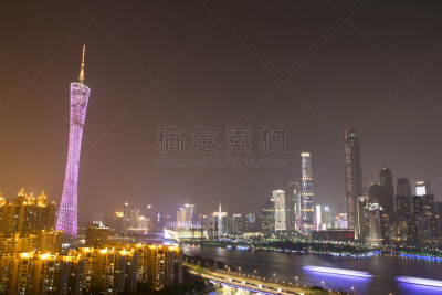 夜晚,现代,广州,城市天际线,,水,天空,美,水平画幅,户外
