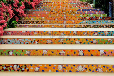 色彩鲜艳,楼梯,天堂,圣巴巴拉,斜坡百合,天竺葵,空中走廊,自然,水平画幅,枝繁叶茂