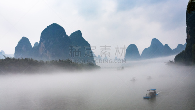 兴平,雾,船,风景,河流,城镇,遇龙河,桂林,漓江,阳朔